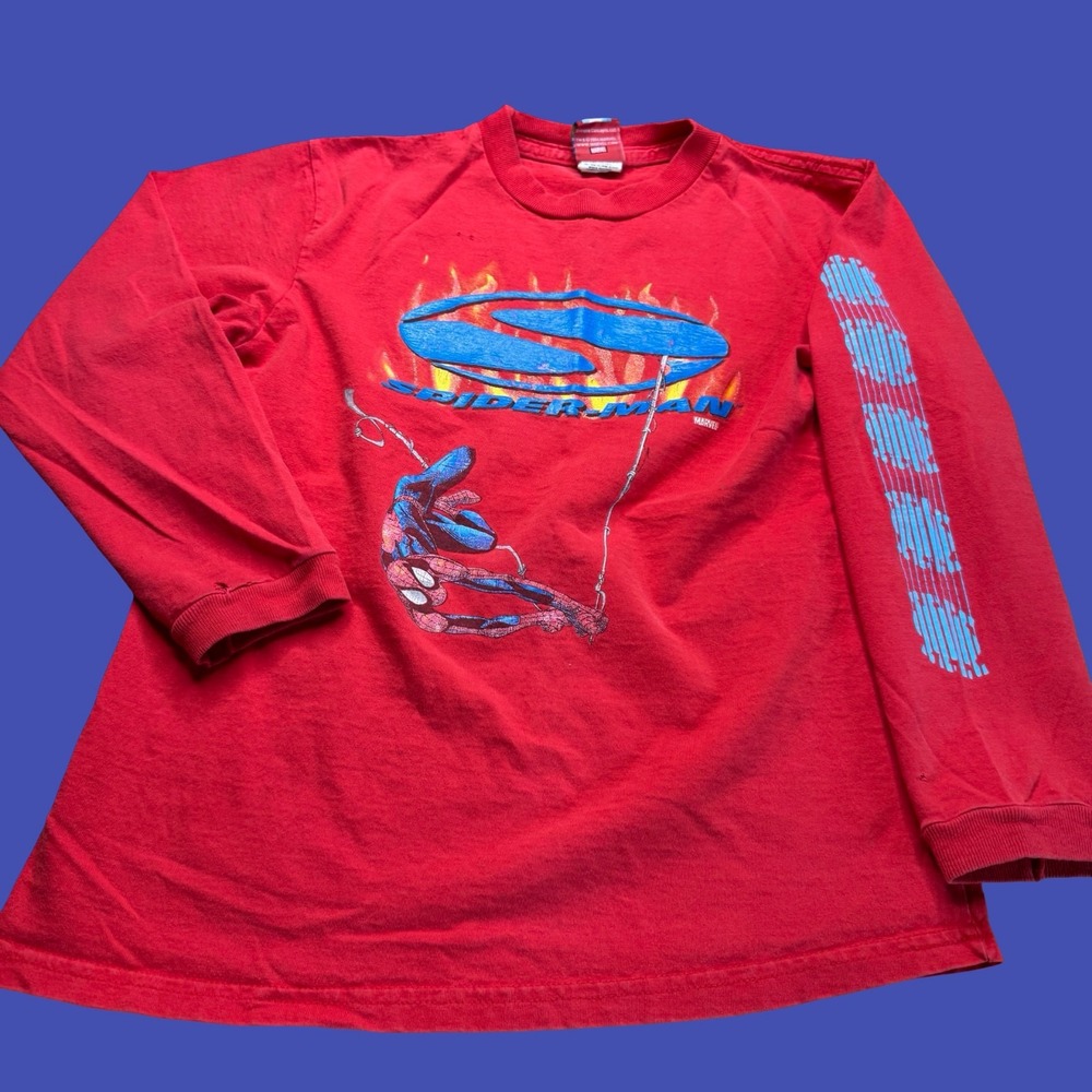 Marvel Spider-Man 2004 Long Sleeve T Shirt Boys Large Red Y2K Graphic Print